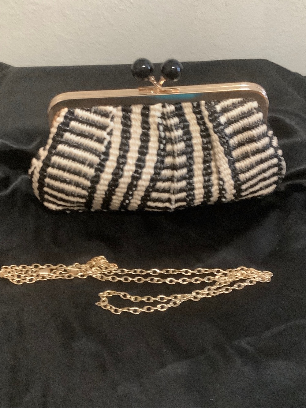 Black & Cream-soft straw  Clutch with Gold Chain